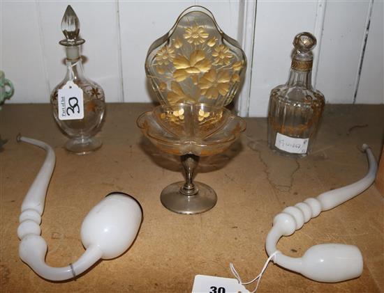 Gilt decorated vases, bottles & 2 milk glass pipes